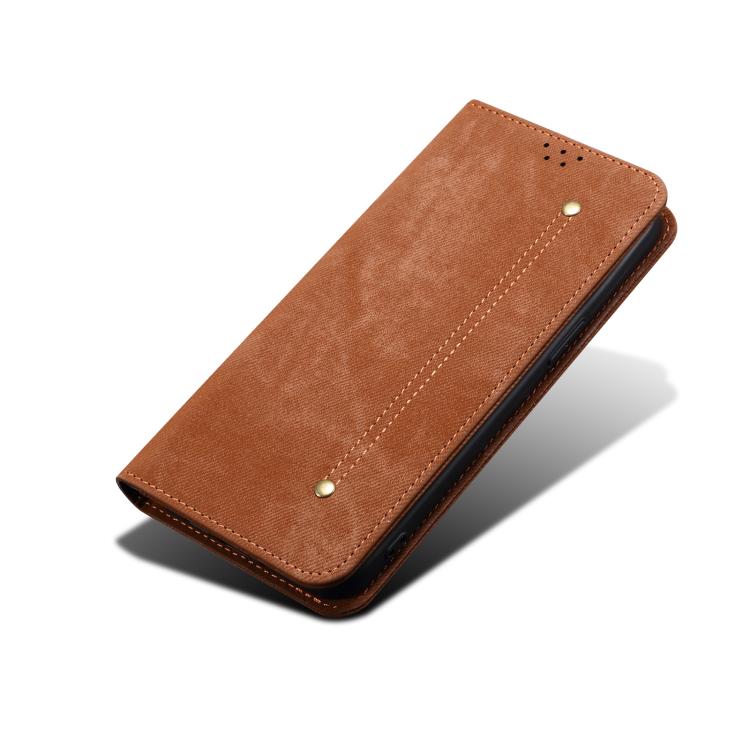 For iPhone 16e Denim Texture Casual Style Horizontal Flip Leather Case(Brown) - iPhone 16e Cases by buy2fix | Online Shopping UK | buy2fix