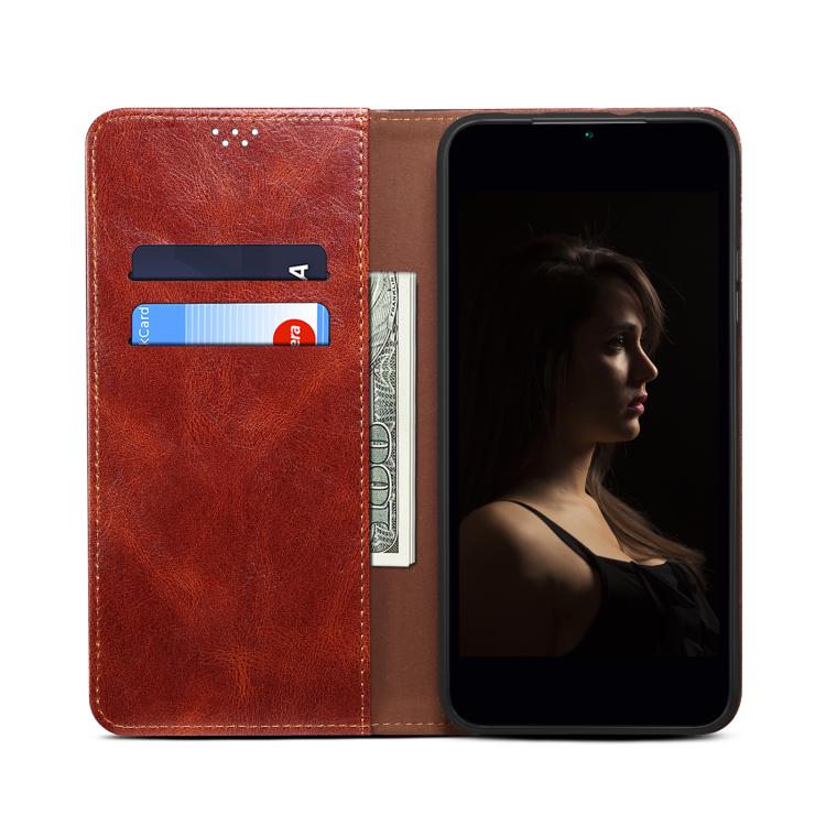 For iPhone 16e Oil Wax Crazy Horse Texture Leather Phone Case(Brown) - iPhone 16e Cases by buy2fix | Online Shopping UK | buy2fix