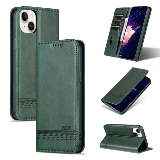 For iPhone 15 AZNS Magnetic Calf Texture Leather Phone Case(Dark Green)