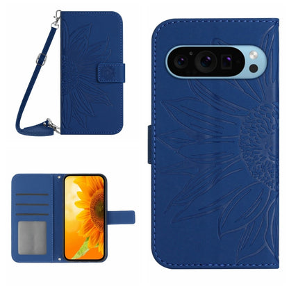 For Google Pixel 9 Pro Skin Feel Sun Flower Embossed Flip Leather Phone Case with Lanyard(Dark Blue) by buy2fix