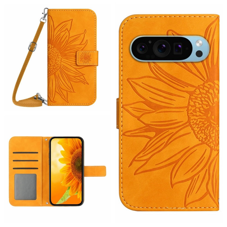 For Google Pixel 9 Pro Skin Feel Sun Flower Embossed Flip Leather Phone Case with Lanyard(Yellow) by buy2fix