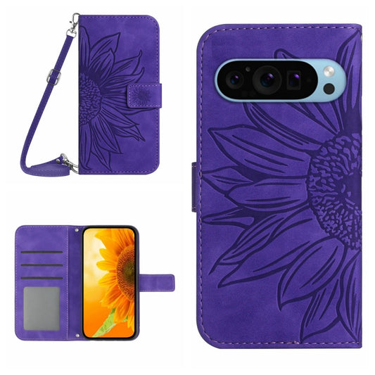 For Google Pixel 9 Pro Skin Feel Sun Flower Embossed Flip Leather Phone Case with Lanyard(Dark Purple) - Google Cases by buy2fix | Online Shopping UK | buy2fix