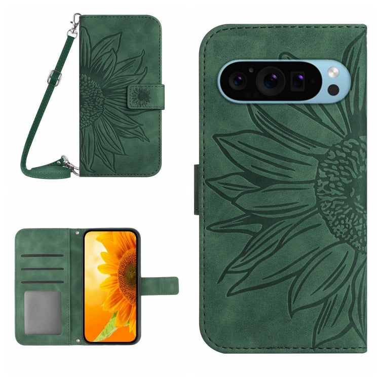 For Google Pixel 9 Skin Feel Sun Flower Embossed Flip Leather Phone Case with Lanyard(Green) by buy2fix