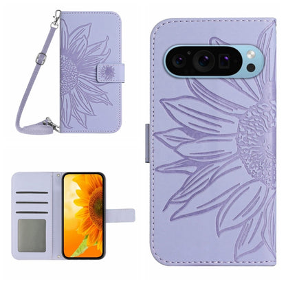 For Google Pixel 9 Pro XL Skin Feel Sun Flower Embossed Flip Leather Phone Case with Lanyard(Purple) - Google Cases by buy2fix | Online Shopping UK | buy2fix