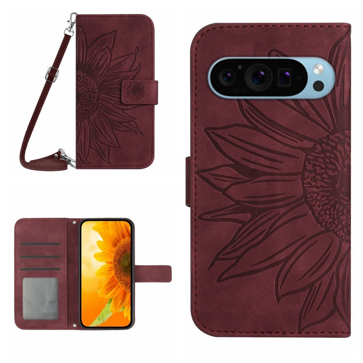 For Google Pixel 9 Pro XL Skin Feel Sun Flower Embossed Flip Leather Phone Case with Lanyard(Wine Red) - Google Cases by buy2fix | Online Shopping UK | buy2fix