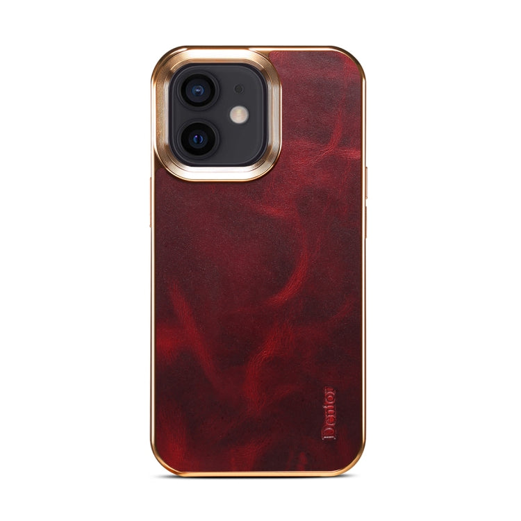 For iPhone 12 Denior Oil Wax Cowhide Plating Phone Case(Red) - iPhone 12 / 12 Pro Cases by Denior | Online Shopping UK | buy2fix