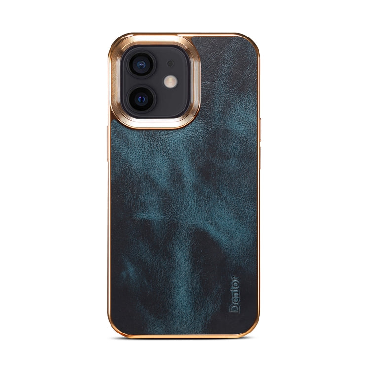For iPhone 12 Denior Oil Wax Cowhide Plating Phone Case(Blue) - iPhone 12 / 12 Pro Cases by Denior | Online Shopping UK | buy2fix