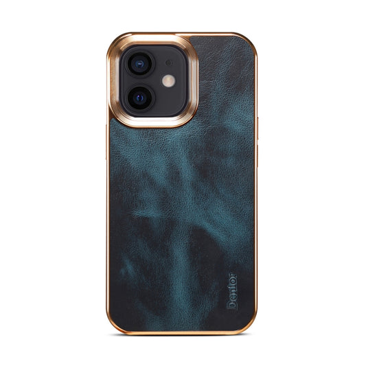 For iPhone 12 Denior Oil Wax Cowhide Plating Phone Case(Blue) - iPhone 12 / 12 Pro Cases by Denior | Online Shopping UK | buy2fix