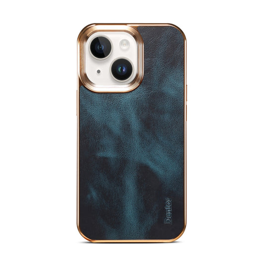 For iPhone 14 Denior Oil Wax Cowhide Plating Phone Case(Blue) - iPhone 14 Cases by Denior | Online Shopping UK | buy2fix