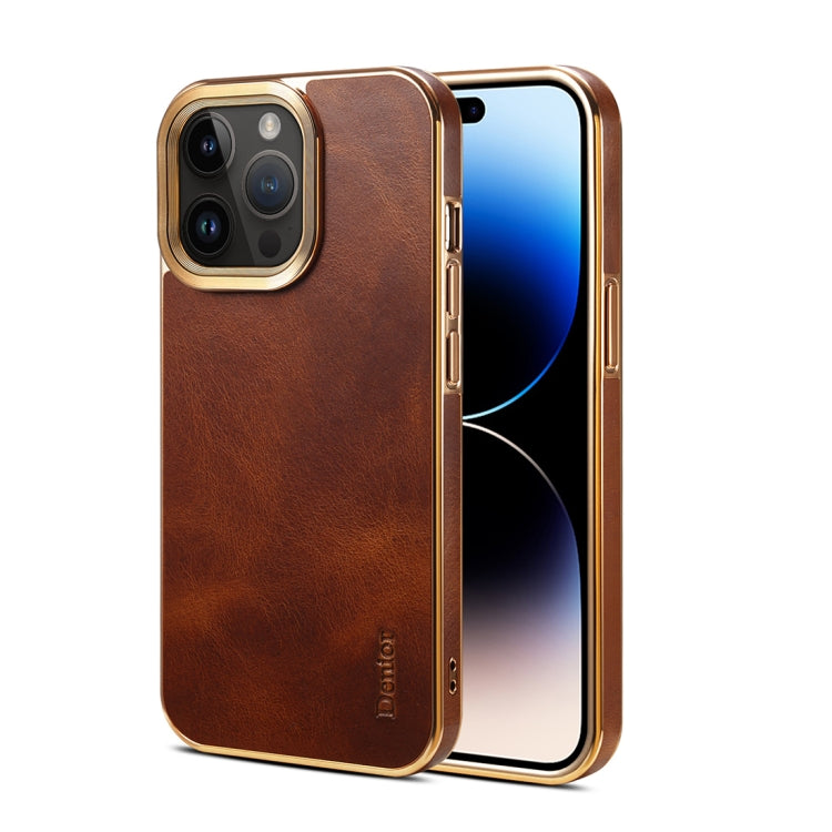 For iPhone 14 Pro Max Denior Oil Wax Cowhide Plating Phone Case(Brown) - iPhone 14 Pro Max Cases by Denior | Online Shopping UK | buy2fix