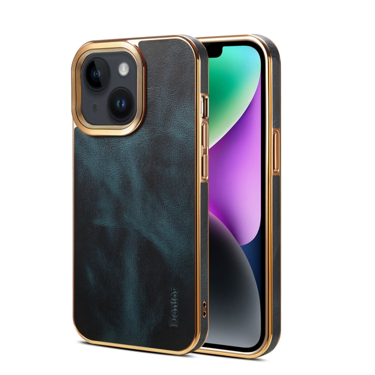 For iPhone 15 Denior Oil Wax Cowhide Plating Phone Case(Blue) - iPhone 15 Cases by Denior | Online Shopping UK | buy2fix