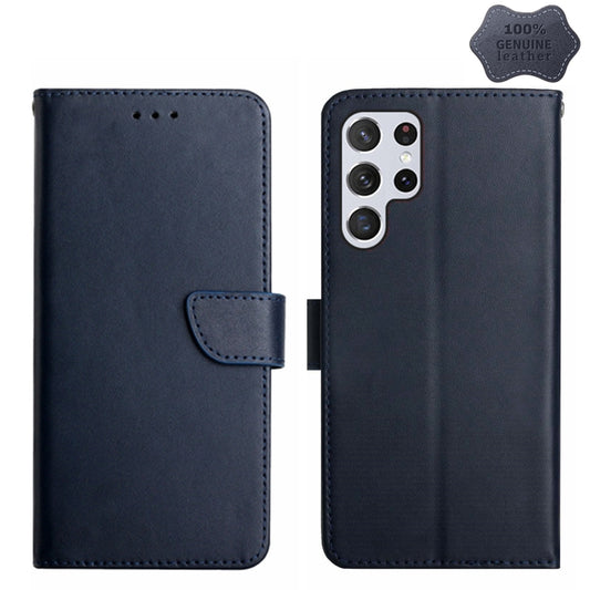 For Samsung Galaxy S24 Ultra 5G HT02 Genuine Leather Fingerprint-proof Flip Phone Case(Blue) - Galaxy S24 Ultra 5G Cases by buy2fix | Online Shopping UK | buy2fix