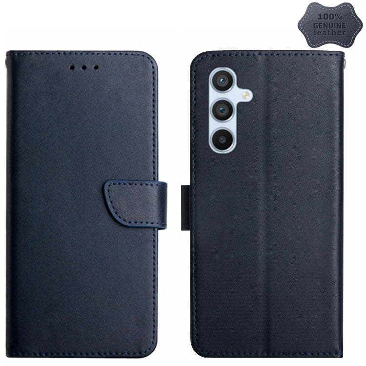 For Samsung Galaxy A35 5G HT02 Genuine Leather Fingerprint-proof Flip Phone Case(Blue) - Galaxy Phone Cases by buy2fix | Online Shopping UK | buy2fix
