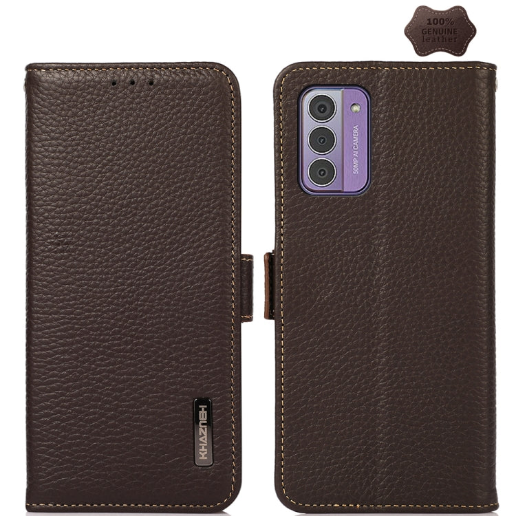 For Nokia G42 KHAZNEH Side-Magnetic Litchi Genuine Leather RFID Phone Case(Brown) - Nokia Cases by buy2fix | Online Shopping UK | buy2fix