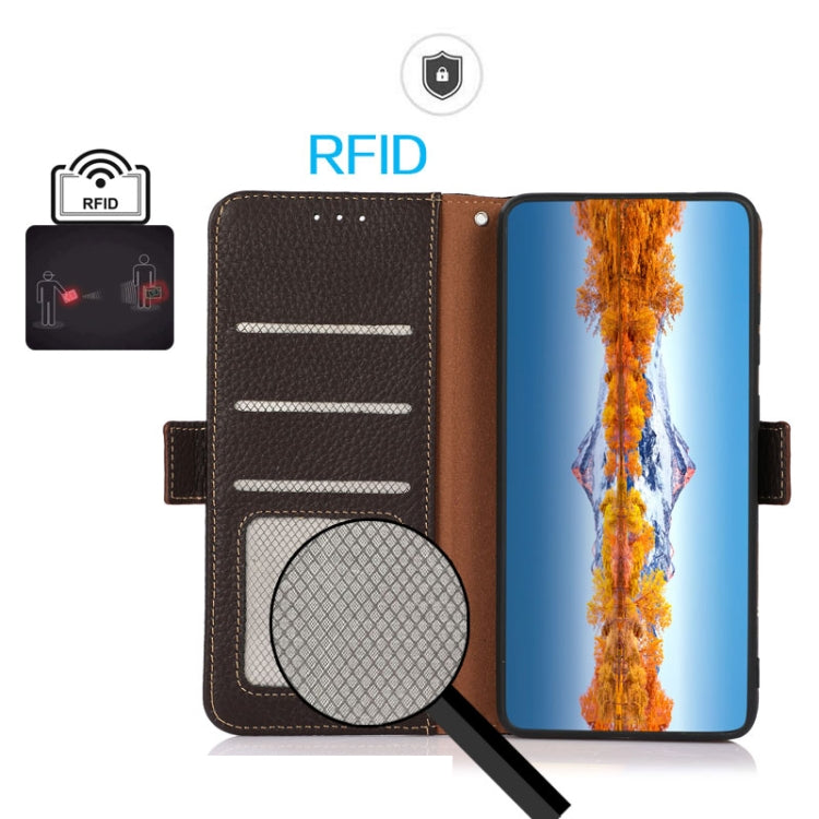 For Nokia G42 KHAZNEH Side-Magnetic Litchi Genuine Leather RFID Phone Case(Brown) - Nokia Cases by buy2fix | Online Shopping UK | buy2fix