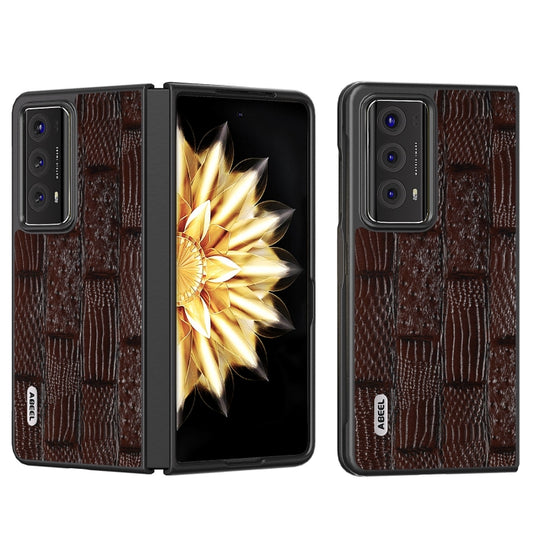 For Honor Magic V2 ABEEL Genuine Leather Mahjong Pattern Black Edge Phone Case(Brown)