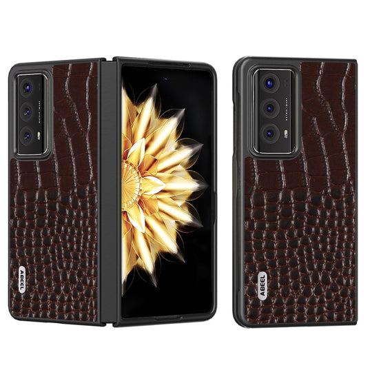 For Honor Magic V2 ABEEL Genuine Leather Crocodile Pattern Black Edge Phone Case(Coffee)