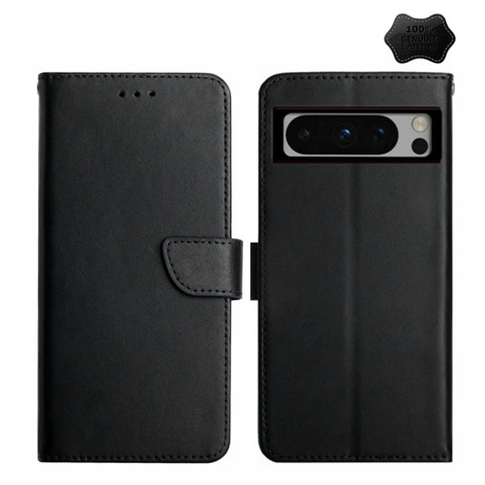 For Google Pixel 8 Pro HT02 Genuine Leather Fingerprint-proof Flip Phone Case(Black) - Google Cases by buy2fix | Online Shopping UK | buy2fix