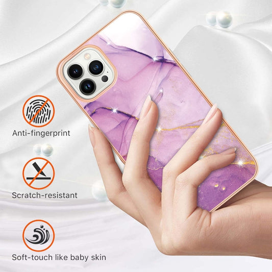 For iPhone 16 Pro Electroplating Marble Pattern Dual-side IMD TPU Shockproof Phone Case (Purple 001) by buy2fix