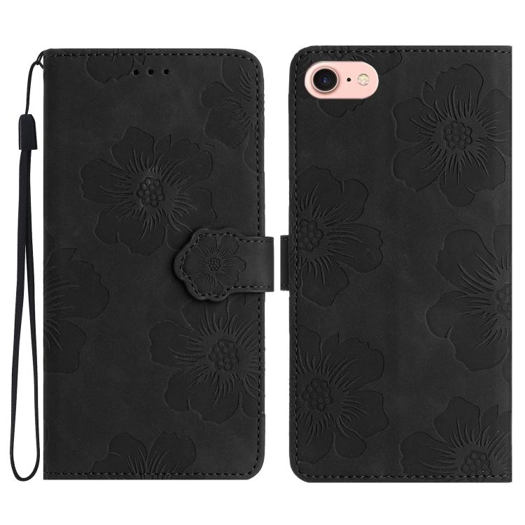 For iPhone 16e Flower Embossing Pattern Leather Phone Case(Black) - iPhone 16e Cases by buy2fix | Online Shopping UK | buy2fix