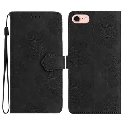 For iPhone 16e Flower Embossing Pattern Leather Phone Case(Black) - iPhone 16e Cases by buy2fix | Online Shopping UK | buy2fix