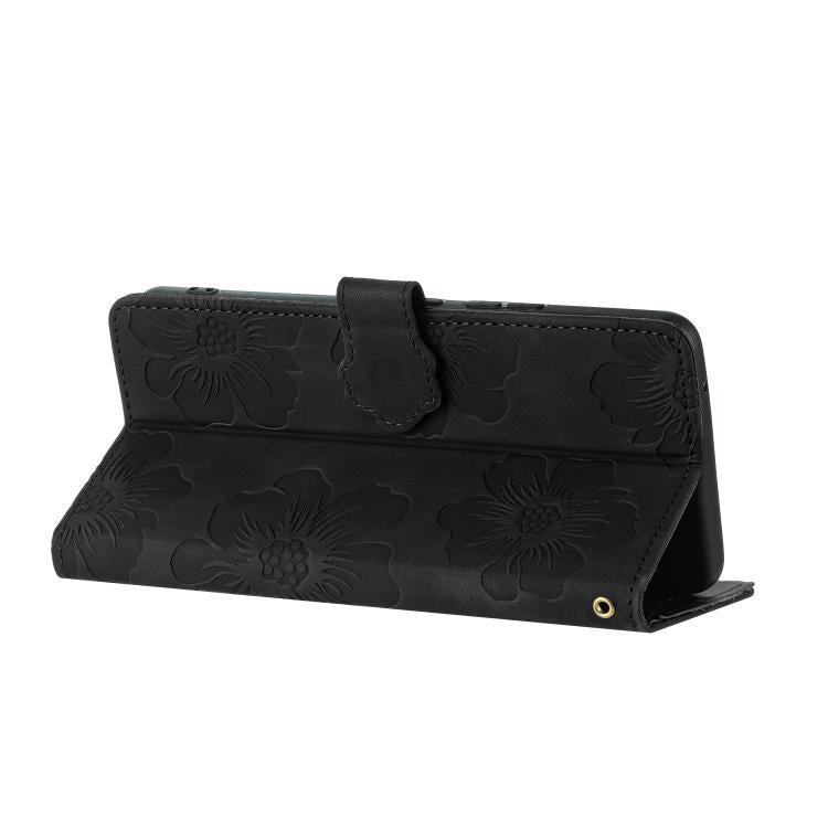 For iPhone 16e Flower Embossing Pattern Leather Phone Case(Black) - iPhone 16e Cases by buy2fix | Online Shopping UK | buy2fix