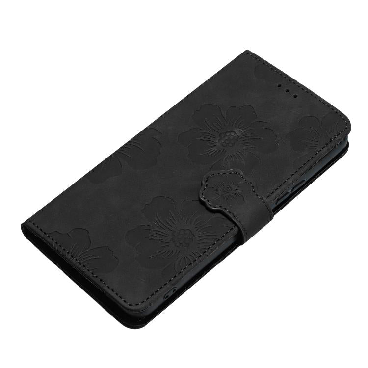 For iPhone 16e Flower Embossing Pattern Leather Phone Case(Black) - iPhone 16e Cases by buy2fix | Online Shopping UK | buy2fix