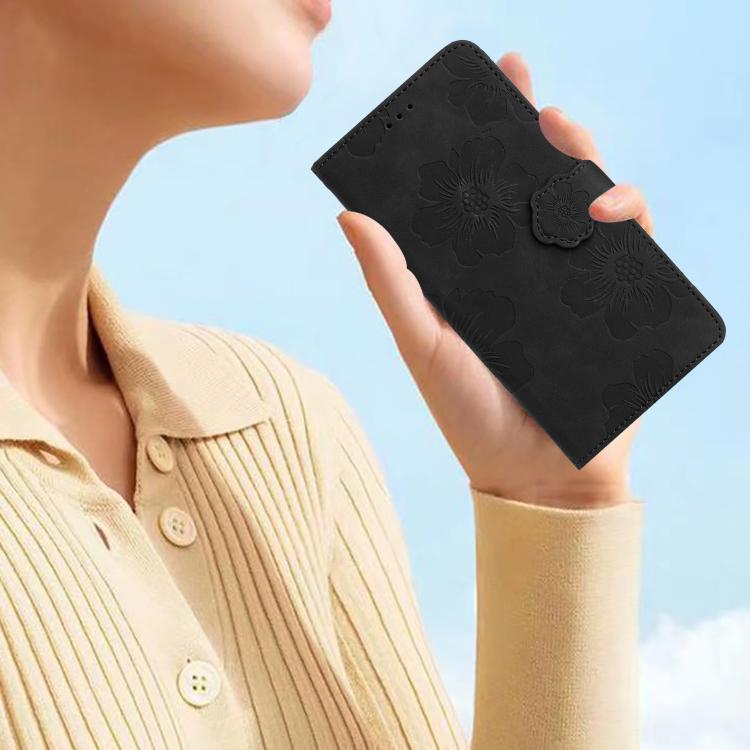 For iPhone 16e Flower Embossing Pattern Leather Phone Case(Black) - iPhone 16e Cases by buy2fix | Online Shopping UK | buy2fix