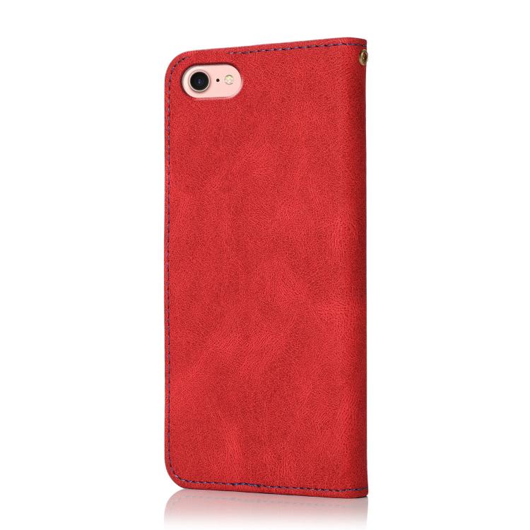 For iPhone 16e Dual-color Stitching Leather Phone Case(Red Blue) - iPhone 16e Cases by buy2fix | Online Shopping UK | buy2fix