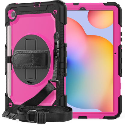 For Samsung Galaxy Tab S6 Lite P610 Shockproof Colorful Silicone + PC Protective Case with Holder & Shoulder Strap & Hand Strap & Pen Slot(Black+Rose Red) - Tab S6 Lite P610 / P615 by buy2fix | Online Shopping UK | buy2fix