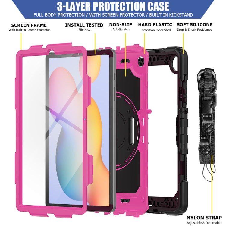For Samsung Galaxy Tab S6 Lite P610 Shockproof Colorful Silicone + PC Protective Case with Holder & Shoulder Strap & Hand Strap & Pen Slot(Black+Rose Red) - Tab S6 Lite P610 / P615 by buy2fix | Online Shopping UK | buy2fix
