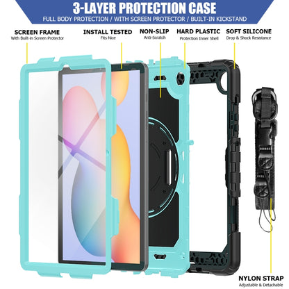 For Samsung Galaxy Tab S6 Lite P610 Shockproof Colorful Silicone + PC Protective Case with Holder & Shoulder Strap & Hand Strap & Pen Slot(Black Light Blue) - Tab S6 Lite P610 / P615 by buy2fix | Online Shopping UK | buy2fix
