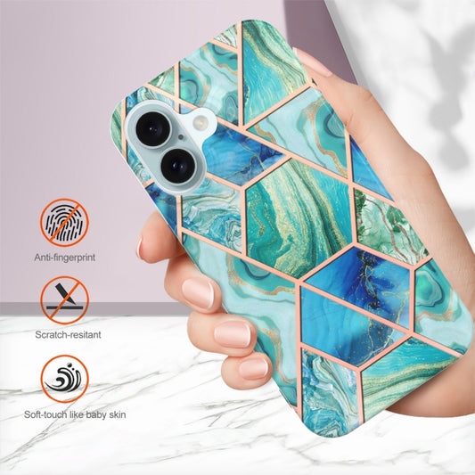 For iPhone 16 Plus Electroplating Splicing Marble Flower Pattern Dual-side IMD TPU Shockproof Phone Case(Green) by buy2fix