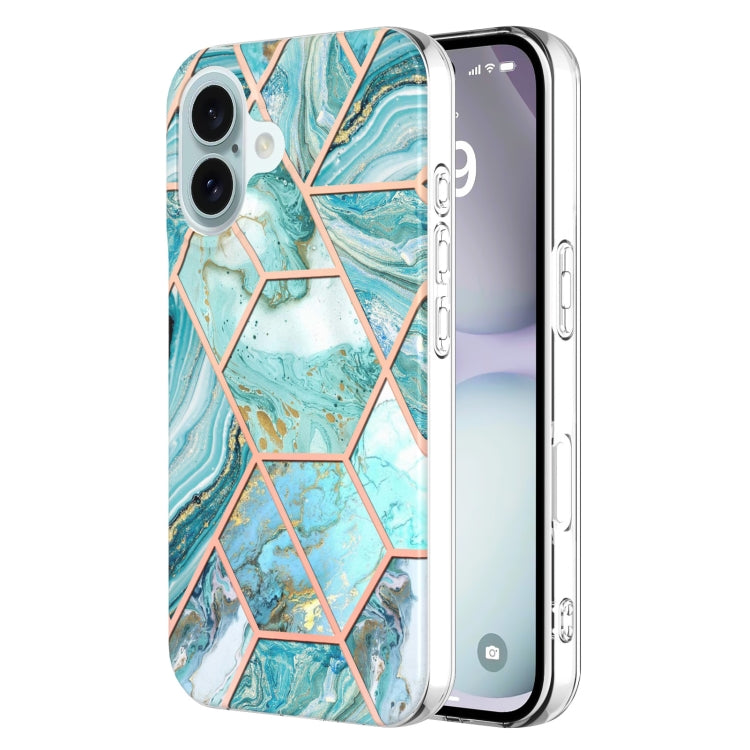 For iPhone 16 Electroplating Splicing Marble Flower Pattern Dual-side IMD TPU Shockproof Phone Case(Green) - iPhone 16 Cases by buy2fix | Online Shopping UK | buy2fix