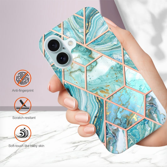 For iPhone 16 Electroplating Splicing Marble Flower Pattern Dual-side IMD TPU Shockproof Phone Case(Green) by buy2fix