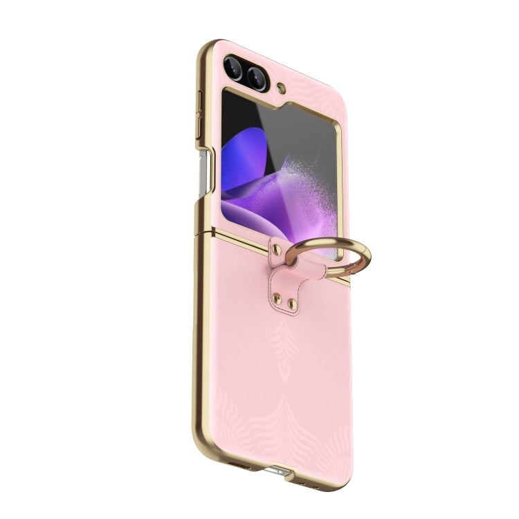 For Samsung Galaxy Z Flip5 Electroplated Embossed Leather Phone Case with Ring(Pink) - Galaxy Z Flip5 Cases by buy2fix | Online Shopping UK | buy2fix