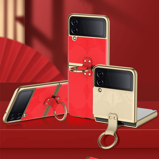 For Samsung Galaxy Z Flip4 Electroplated Embossed Leather Phone Case with Ring(Gold) - Galaxy Z Flip4 5G Cases by buy2fix | Online Shopping UK | buy2fix