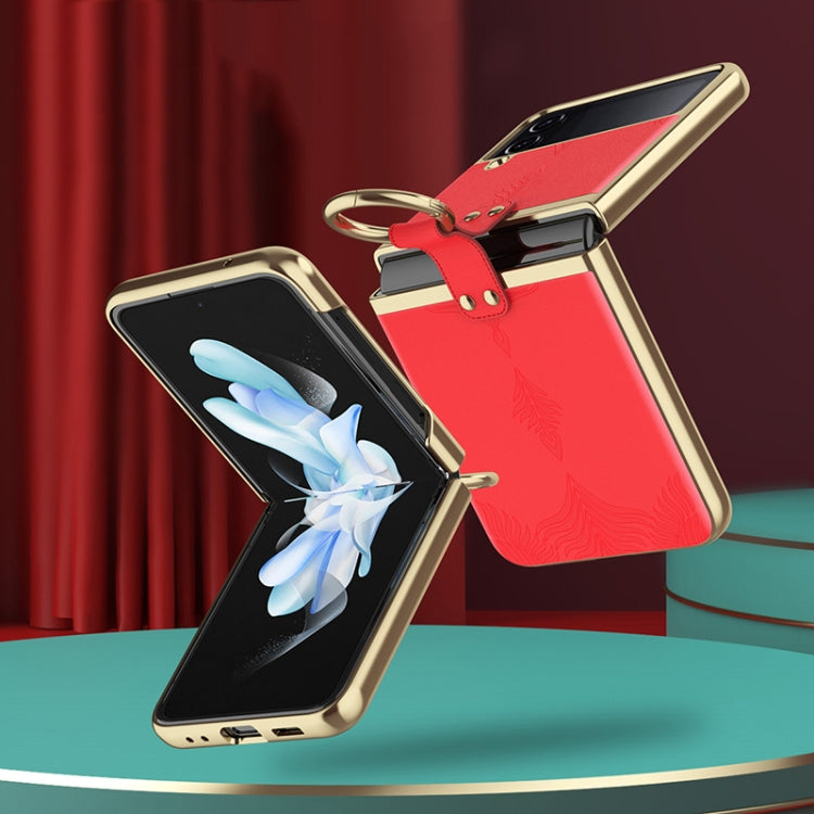 For Samsung Galaxy Z Flip4 Electroplated Embossed Leather Phone Case with Ring(Gold) - Galaxy Z Flip4 5G Cases by buy2fix | Online Shopping UK | buy2fix