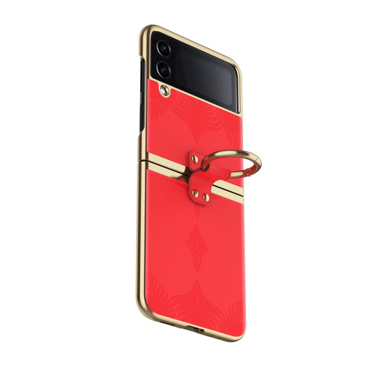 For Samsung Galaxy Z Flip4 Electroplated Embossed Leather Phone Case with Ring(Red) - Galaxy Z Flip4 5G Cases by buy2fix | Online Shopping UK | buy2fix