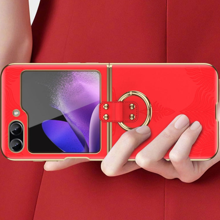 For Samsung Galaxy Z Flip6 / Flip7 FE Electroplated Embossed Leather Phone Case with Ring(Red) - Galaxy Z Flip6 5G Cases by buy2fix | Online Shopping UK | buy2fix