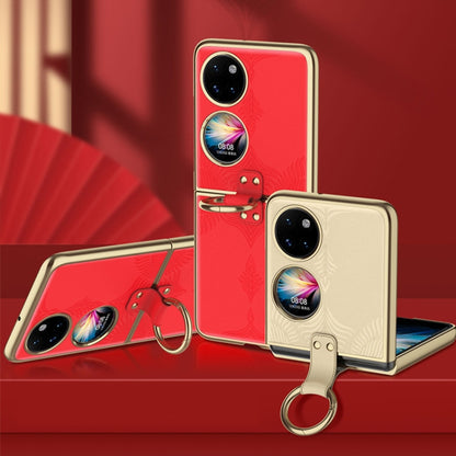 For Huawei P50 Pocket Electroplated Embossed Leather Phone Case with Ring(Red) - Huawei Cases by buy2fix | Online Shopping UK | buy2fix