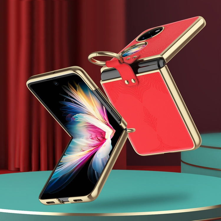 For Huawei P50 Pocket Electroplated Embossed Leather Phone Case with Ring(Red) - Huawei Cases by buy2fix | Online Shopping UK | buy2fix