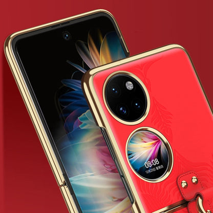 For Huawei P50 Pocket Electroplated Embossed Leather Phone Case with Ring(Red) - Huawei Cases by buy2fix | Online Shopping UK | buy2fix