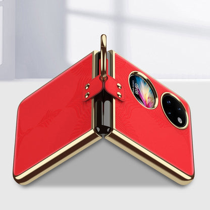 For Huawei P50 Pocket Electroplated Embossed Leather Phone Case with Ring(Red) - Huawei Cases by buy2fix | Online Shopping UK | buy2fix