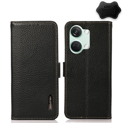 For OnePlus Nord 3 KHAZNEH Side-Magnetic Litchi Genuine Leather RFID Phone Case(Black) - OnePlus Cases by buy2fix | Online Shopping UK | buy2fix