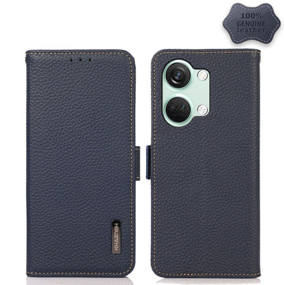 For OnePlus Nord 3 KHAZNEH Side-Magnetic Litchi Genuine Leather RFID Phone Case(Blue) - OnePlus Cases by buy2fix | Online Shopping UK | buy2fix