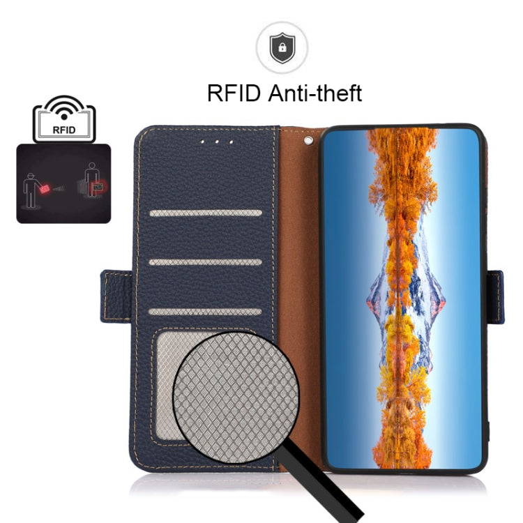 For OnePlus Nord 3 KHAZNEH Side-Magnetic Litchi Genuine Leather RFID Phone Case(Blue) - OnePlus Cases by buy2fix | Online Shopping UK | buy2fix