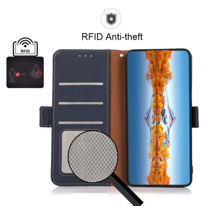 For OnePlus Nord 3 KHAZNEH Side-Magnetic Litchi Genuine Leather RFID Phone Case(Blue) - OnePlus Cases by buy2fix | Online Shopping UK | buy2fix