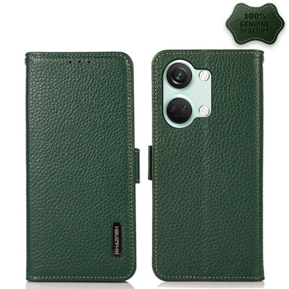 For OnePlus Nord 3 KHAZNEH Side-Magnetic Litchi Genuine Leather RFID Phone Case(Green) - OnePlus Cases by buy2fix | Online Shopping UK | buy2fix