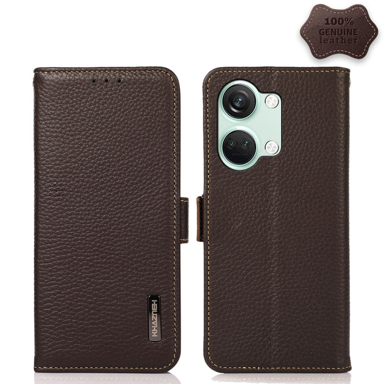For OnePlus Nord 3 KHAZNEH Side-Magnetic Litchi Genuine Leather RFID Phone Case(Brown) - OnePlus Cases by buy2fix | Online Shopping UK | buy2fix